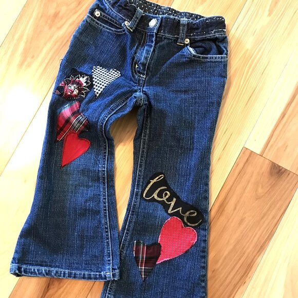 Upcycled Patchwork Jeans, Child's Size 5: Handmade Heart Patches Front and Back - Picture 10 of 16